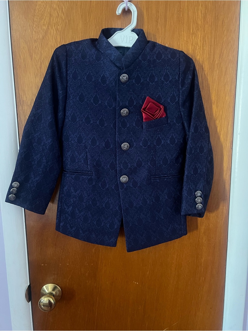 Boys Navy Jacquard Nehru Jacket with Red Pocket Square